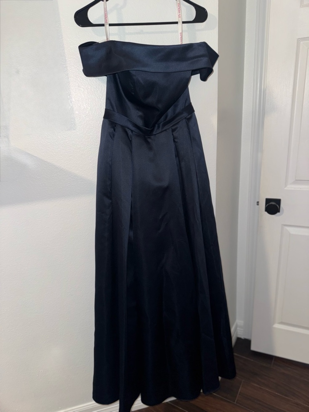 JJs House Off-Shoulder Navy Blue Satin Evening Gown